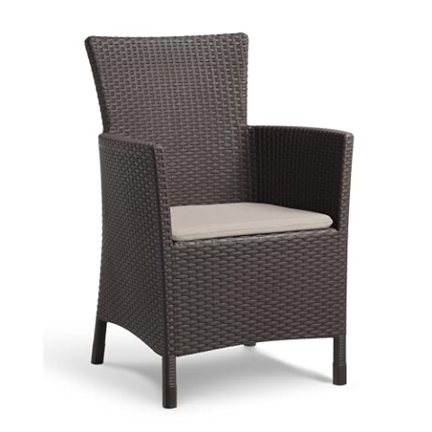 Keter Iowa - Gartensessel für den Innen- und Außenbereich, mit Kissen, Kunstharz mit flachem Rattan-Finish, Braun