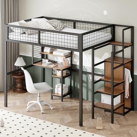 OKYION Etagenbett Kinderbett 140x200cm mit Eisenrahmen, Hochbett mit Rausfallschutz und Lattenrost, Metallbett Stockbett mit Kleiderschrank und Computertisch, Jugendbett Bettgestell, schwarz