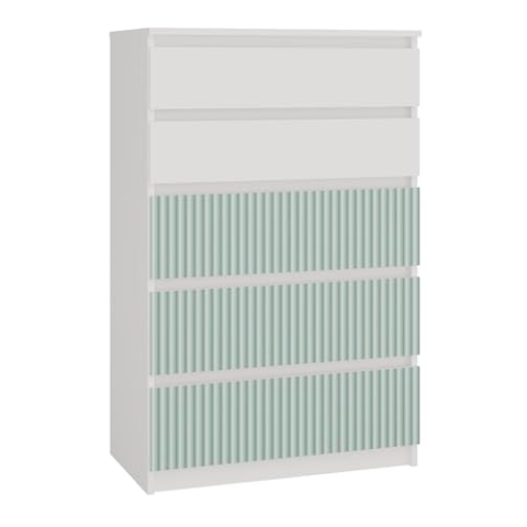 CDF Kommode Malwa M5 | Farbe: Weiß/Mintgrün | Schrank für Dokumente, Kleinigkeiten | Ideal für Wohnzimmer, Schlafzimmer, Kinderzimmer, Jugendzimmer | 5 geräumige Schubladen
