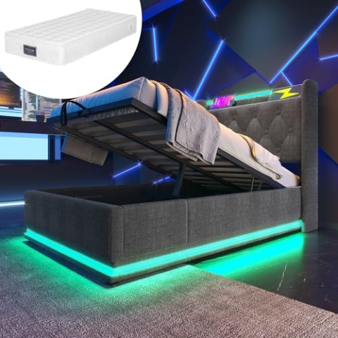OKYION Boxspringbett Hydraulisches 90 x 200 cm mit LED-Beleuchtung(Drucktaste/App/Fernbedienung,), Polsterbett Funktionelles mit USB&Typ-C-Ladeanschluss, Leinen Grau(Mit Matratze)