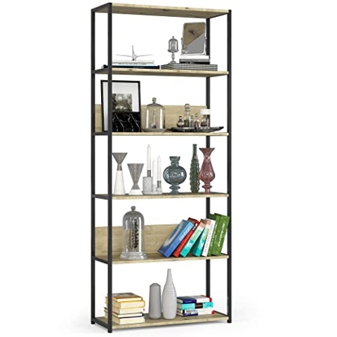AKORD Bücherregal mit 6 Ablagen 80cm breit | Industrial/Loft-Style | Offen | Skelettbauweise | Standregal | Holz/Metall | Für Küche Schlafzimmer Büro | Regal mit Metallrahmen | Schwarz/Artisach-Eiche