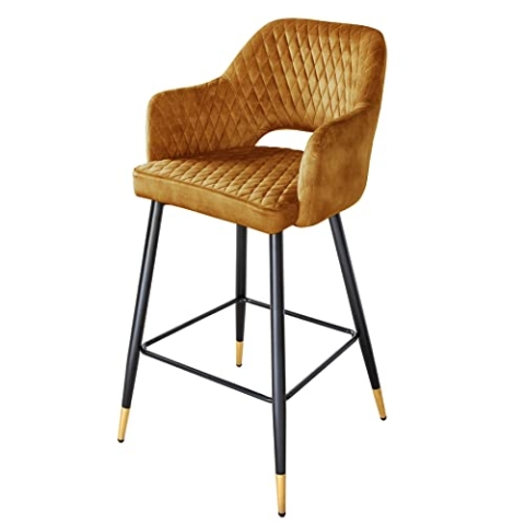 Riess Ambiente Eleganter Barhocker Paris senfgelb Samt mit Ziersteppung und goldene Fußkappen Fußkappen Hocker Hausbar Sitzhocker