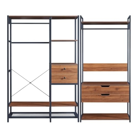 [en.casa] Garderobenständer 2er Set Larem Kleiderständer mit Metallgestell 4 Schubladen offener Kleiderschrank mit 2 Kleiderstangen Standgarderoben Flurgarderoben Walnussoptik