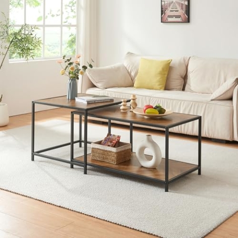 [en.casa] Couchtisch 2er Set Kurghore Wohnzimmertische Beistelltische eckig Satztisch Metallgestell Schwarz/Eichenoptik, dunkel