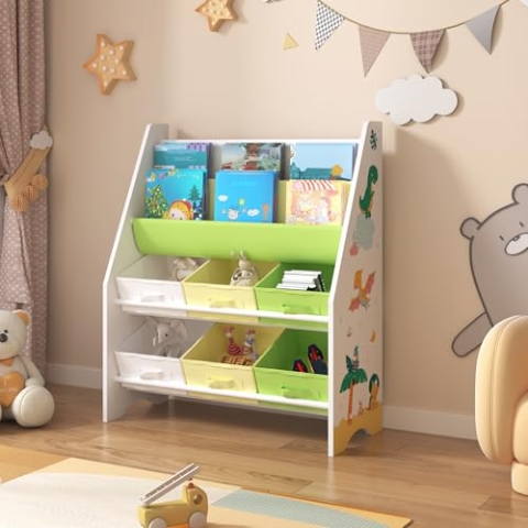 [en.casa] Kinderregal Ponteceso Bücherregal mit 2 Ablagefächern Spielzeugregal 6 Boxen Bücherkiste mit Dinosaurier-Motiv Weiß Grün Gelb Kinderzimmer Organizer