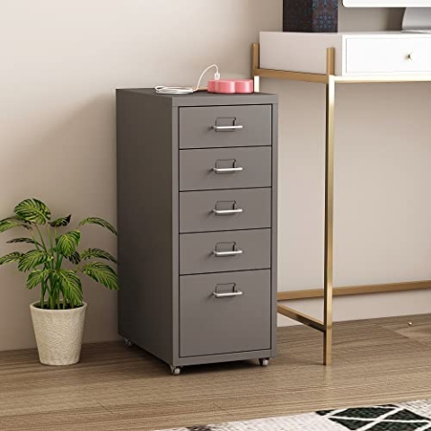 [en.casa] Rollcontainer Kökar Schubladenschrank Metall Aktenschrank mit 5 Schubladen Bürowagen mit Rollen für Arbeitszimmer 69 x 28 x 41 cm Grau
