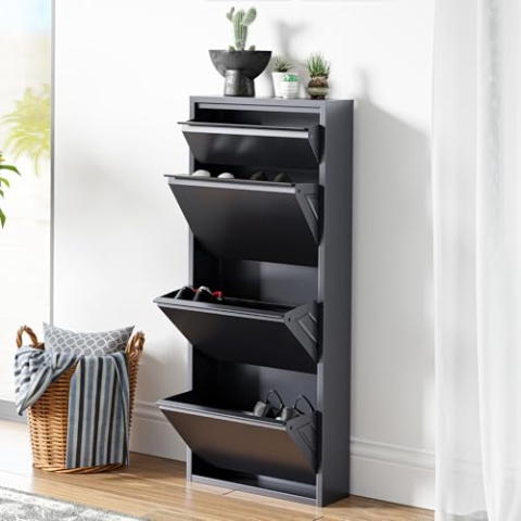 [en.casa] Schuhschrank Sokndal Schuhkipper mit 4 Klappen Metall Schuhkommode für 6 Paar Schuhe 118 x 50 x 15 cm Grau