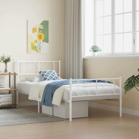 vidaXL Bettgestell, Bettrahmen mit Kopfteil Fußteil, Metallbett Bett mit Lattenrost, Einzelbett Gästebett Schlafzimmer, Metall Weiß 90x200cm