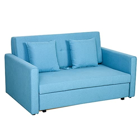 HOMCOM Schlafsofa 2-Sitzer Sofa mit Bettfunktion, Polstersofa mit Stauraum, Rückenkissen, Schlafcouch für Wohnzimmer, Polyester, Holz, Hellblau, 152 x 101 x 81cm