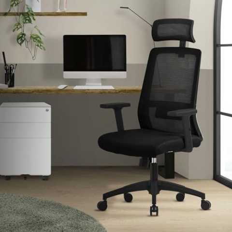 ML-Design Bürostuhl ergonomisch Schwarz, Mesh, Schreibtischstuhl mit Verstellbarer Lendenwirbelstütze, Kopfstütze & Armlehnen, Wippfunktion, Drehstuhl mit Rollen, Computerstuhl Chefsessel Gaming Stuhl