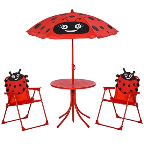 Outsunny 4tlg. Kindersitzgruppe Garten Gartentisch 2 Klappstühle Sonnenschirm Camping Kindersitzgarnitur Gartenmöbel für 3-5 Jahre Rot