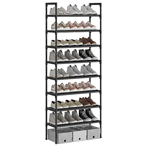 AcornFort® S-536 8 Ebenen Stöckiges Schwarz Verstellbare Schuhablagen Schuhaufbewahrung Hohes Schuhregal Organizer Regal Halteständer für 24 Paar Schuhe, 56 x 30 x 140 cm, Extra Robuste Bauweise