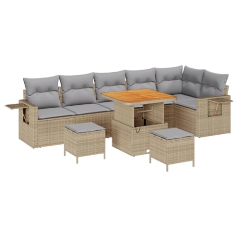 vidaXL 9-teilige Garten-Sofa-Set mit Kissen Beige Poly-Rattan Akazie, 3-teiliges Garten-Dining-Set mit Kissen Beige Poly-Rattan Akazie