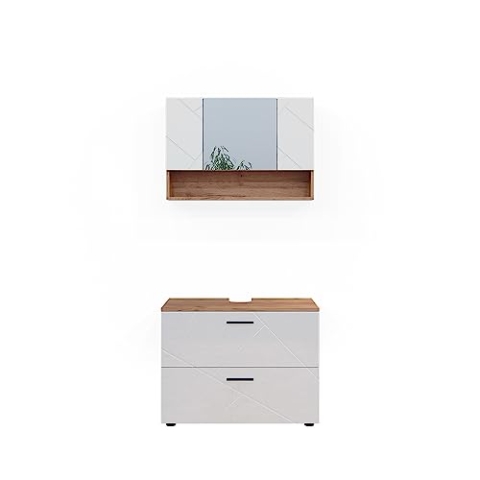 Vicco Badmöbel-Set Irma, Eiche/Weiß Hochglanz, 2 Teile, Unterschrank 80 cm