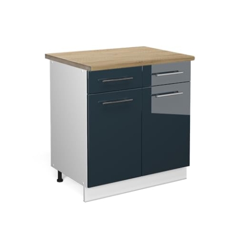 Vicco Küchenunterschrank Fame-Line, Dunkelblau Hochglanz/Weiß, 80 cm, AP Eiche