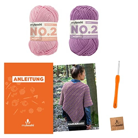 myboshi Häkelset Poncho Hanamaki, inkl. No.2 Wolle, Nadel und Anleitung, für Bekleidung, Häkelpaket, 85% Baumwolle, 15% Kapok Rosa mit Häkelnadel