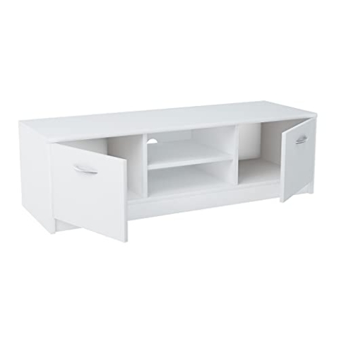 MATKAM Fernsehkommode 2DC H36xB120xT41cm, laminierte Möbelplatte 16 mm, Zwei Ablagen mit Türen Links und rechts, in der Mitte EIN Regalfach, Metallscharniere, satinierte Griffe (Weiß)