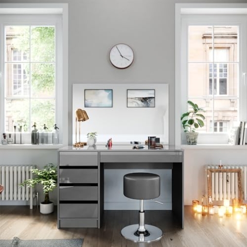 Vicco Schminktisch Sherry, Kosmetiktisch mit Spiegel, Grau Hochglanz, 120 cm mit Hocker