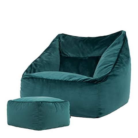 Icon Natalia Sitzsack Sessel mit Hocker für Erwachsene, Blaugrün, Flauschiger Samtstoff, Riesen Sitzsack Samt mit Füllung, Bean Bag Chair, Bequemer Sessel Wohnzimmer, Lounge, Schlafzimmer, Büro