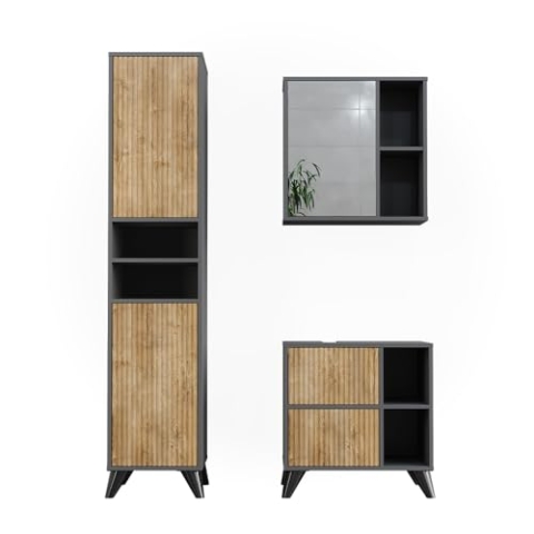 Vicco Badmöbel-Set Leano, Badezimmerschrank-Set, Anthrazit/Bergeiche, 3 Teile