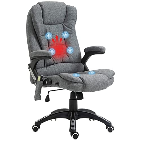 Vinsetto Bürostuhl mit Vibrationsmassage, Ergonomisch Schreibtischstuhl mit Heiz-, Liegefunktion, Höhenverstellbar Chefsessel mit Fernbedienung, Seitentasche, Leinenoptik, Dunkelgrau