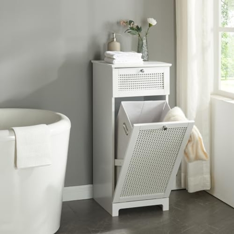 [en.casa] Wäscheschrank Karlsøy Wäschesammler mit ausklappbarem Wäschekorb Badschrank mit 1 Schublade Schranktür Rattan Design Wäschetruhe 90x38x40cm Weiß
