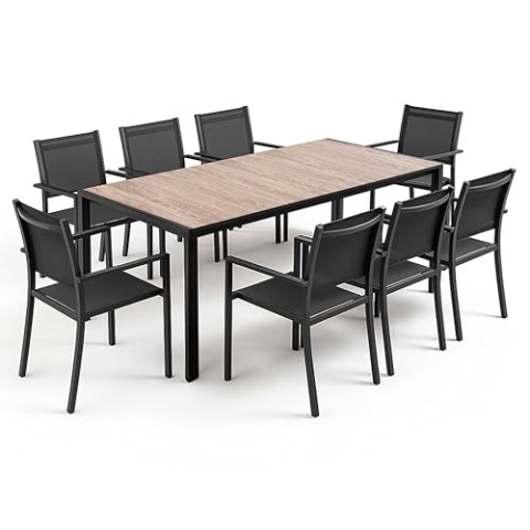 Oviala Tivoli Gartentisch aus Aluminium in Holzoptik und 8 Stühlen, Schwarz