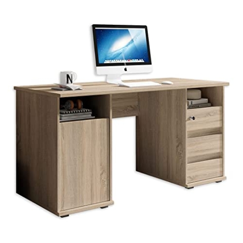 PRIMUS 2 Schreibtisch mit Schubladen, Sonoma Eiche Optik - Bürotisch Computertisch fürs Homeoffice mit Stauraum und offenen Ablagefächern - 145 x 74 x 65 cm (B/H/T)