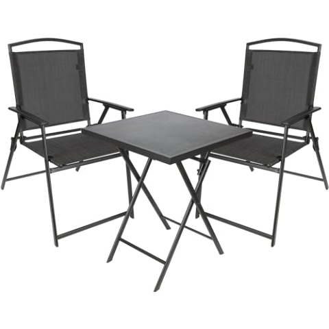 BRUBAKER Garten Sitzgruppe Bergamo - 1 Klapptisch eckig mit 2 Camping Stühlen - Wetterfest und platzsparend - Gartenstühle Campingstühle mit Tisch für Balkon und Terrasse - Dunkelgrau