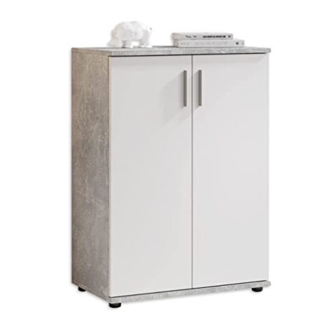 Stella Trading BOBBY Kommode in Beton-Optik, Weiß - Modernes Sideboard mit viel Stauraum für Ihren Wohnbereich - 60 x 82 x 35 cm (B/H/T)