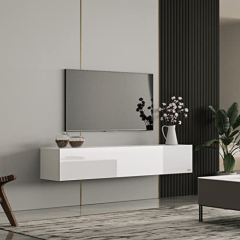 Makika TV Lowboard/Fernsehtisch - Board hängend stehend Hängeschrank Hängeboard - Fernsehtisch Wohnzimmer Holz Schrank Möbel Tisch Kommode Fernseher - Zwei Montagemöglichkeiten - Weiß Hochglanz
