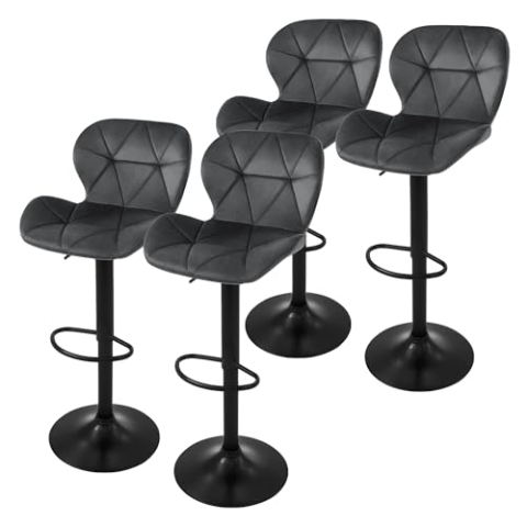 ML-Design Barhocker 4er Set, Bezug aus Samt, Grau, Gepolsterter Barstuhl mit Rückenlehne und Fußstütze, Tresenhocker höhenverstellbar 59-79 cm, 360° drehbar, Bistrohocker Hocker Drehstuhl Barstühle