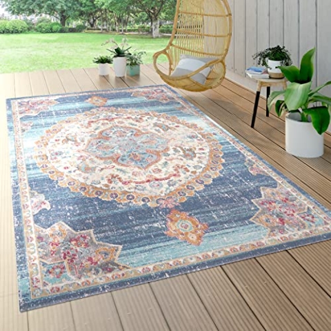Paco Home Outdoor Teppich Wetterfest Wohnzimmer Balkon Küche Schlafzimmer Orient Muster Modern Bordüre Blau Beige, Grösse:140x200 cm