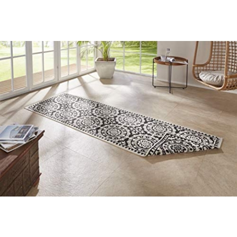 NORTHRUGS In- und Outdoor Teppich Jardin 80x250cm - Wendeteppich Wetterfest Orientalisches Vintage Design Läufer für Balkon Terrasse Garten Wintergarten Wohnzimmerteppich Wasserfest in Schwarz Creme