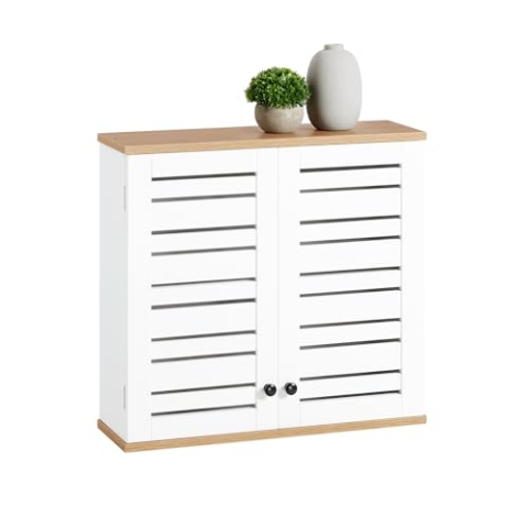 SoBuy BZR42-W Hängeschrank mit Lamellentüren Wandschrank Badhängeschrank Küchenschrank Medizinschrank Badmöbel Weiß-Natur BHT ca: 60x56x19cm