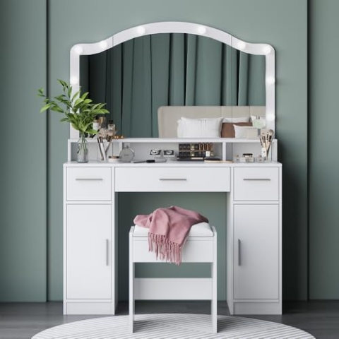 Vicco Schminktisch Lumira, Weiß, 110 cm mit LED-Spiegel und Hocker