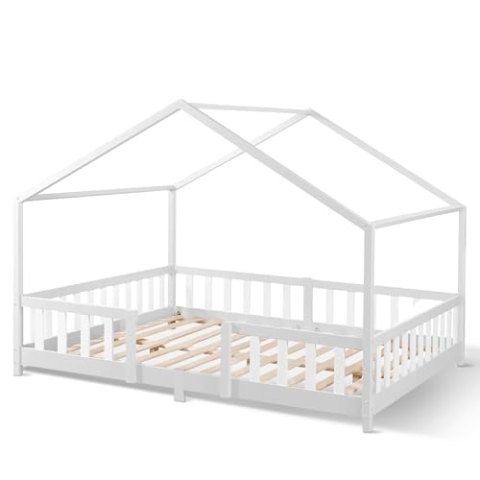 [en.casa] Kinderbett Treviolo Hausbett 120 x 200 cm Holzbett für Kinder mit Rausfallschutz Bettgestell mit Lattenrost Kiefernholz Weiß