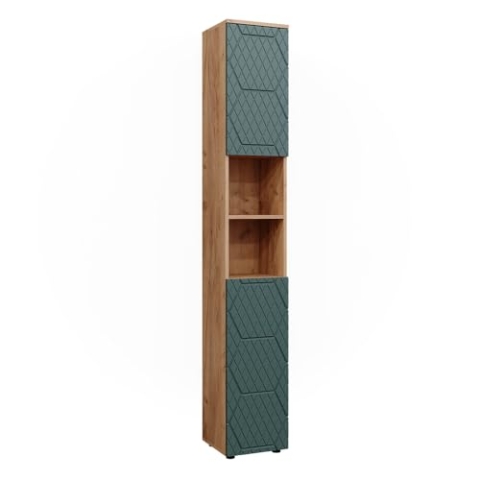 Vicco Badschrank Irma, Badezimmerhochschrank, Goldkraft Eiche/Grün, 30 x 192 cm