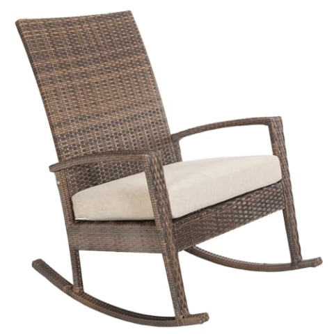 Ogarden Rocking Chair, Garten schaukelstuhl wetterfest, Poly Rattan Outdoor Schaukelstuhl, Schaukelsessel mit Kissen, für Garten, Terrasse, Balkon, Relaxsessel Gartenstuhl (Braun - Khaki Kissen)