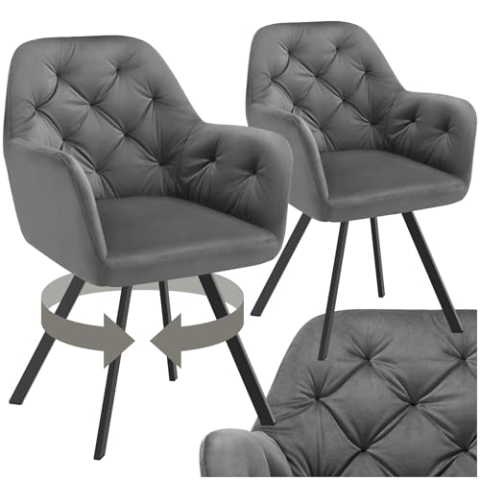 tectake® 2er Set Esszimmerstühle drehbar mit Armlehne, Samtstoff Drehstuhl ergonomisch, Möbel für Wohnzimmer, Stühle für Dining Lounge, Office, als Schminkstuhl oder Schreibtischstuhl - anthrazit