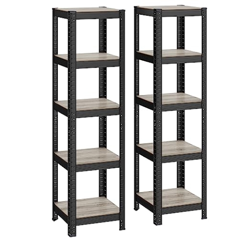 SONGMICS Standregal, 2er Set, Bücherregal, Lagerregal, 5 Ablagen, verstellbar, 37 x 37 x 150 cm, jeweils bis 400 kg belastbar, für Küche, Wohnzimmer, Greige-schwarz GLR037B12