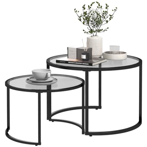 HOMCOM Couchtisch 2er-Set, Beistelltisch mit Schwarz Stahlgestell, Sofatisch, Kaffeetisch mit Tischplatte aus Hartglas, teilweise stapelbar, für Wohnzimmer, Schlafzimmer
