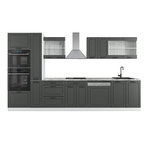 Vicco Küchenzeile R-Line, Anthrazit Landhaus/Weiß, 350 cm mit Hochschrank, AP Marmor