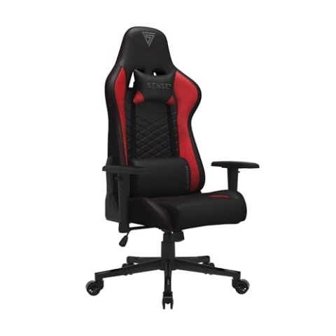 SENSE7 Gaming Stuhl Spellcaster, ergonomischer Gaming Sessel mit verstellbaren Lendenkissen Einstellbarer Neigungswinkel, Gaming Chair mit Wippfunktion, PU-Leder Bürostuhl 150kg, PC Stuhl Schwarz-Rot