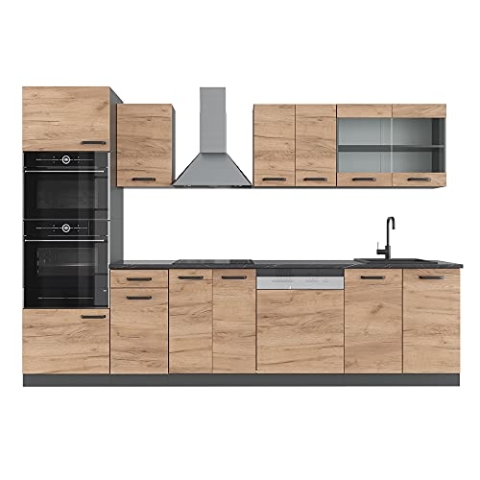 Vicco Küchenzeile R-Line, Goldkraft Eiche/Anthrazit, 300 cm mit Hochschrank, ohne Arbeitsplatte