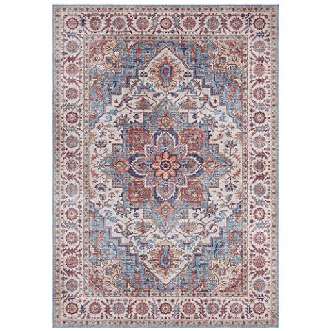 Nouristan Asmar Teppich – Wohnzimmerteppich Orient-Touch Detailiertes Muster Florales Kurflor Flachgewebe Teppich für Esszimmer, Wohnzimmer, Schlafzimmer – Blau, 80x200cm