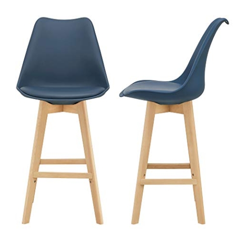 [en.casa] Barhocker 2er Set Barstuhl mit Rückenlehne Bistrohocker mit gepolsterter Sitzfläche Tresenhocker mit Holzgestell Buche-Gestell Blau