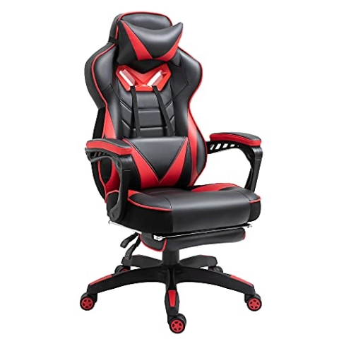 Vinsetto Ergonomischer Bürostuhl, Gaming Stuhl, Drehstuhl mit einziehbare Fußstütze und Verstellbarer Rücken Schaumstoff+PU-Leder+Metall, Schwarz+Rot, 65 x 70 x 118,5-128,5 cm