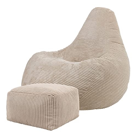Icon Dalton Sitzsack mit Hocker Cord, Beige, Gaming Sitzsack Erwachsene mit Füllung, Bean Bag, Cord Sessel, Lounge Sessel, Lounge Stuhl, Schlafzimmer, Wohnzimmer, Wohnzimmer Möbel