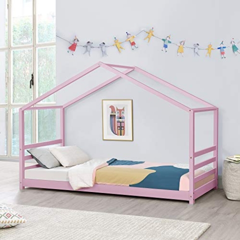 [en.casa] Kinderbett Vardø mit Lattenrost und Gitter 90 x 200 cm Hausbett Bettenhaus Bett Jugendbett Kiefernholz Rosa
